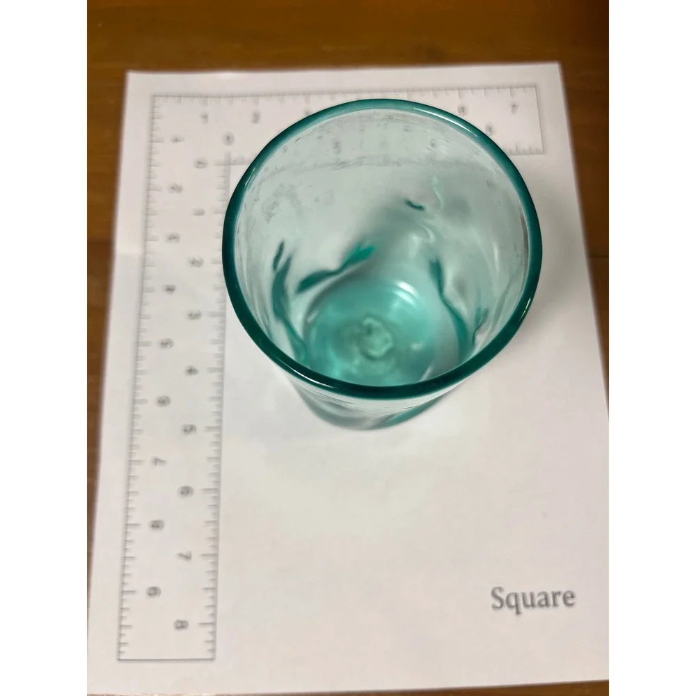 Hand Blown Aqua Teal Art Glass Tumbler Wavy‎ Thumbprint Juice Water Glass 4.5